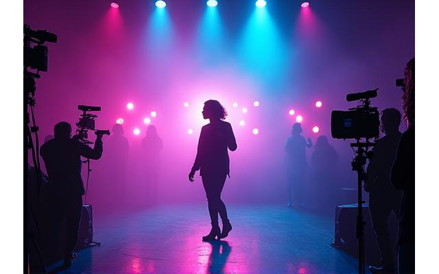 Scène de clip musical chorégraphié avec éclairage d'ambiance et caméras multiples