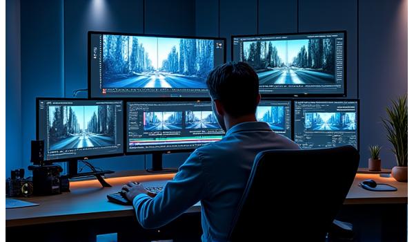Suite de post-production moderne de geliosmakde avec écran grand format et stations de travail