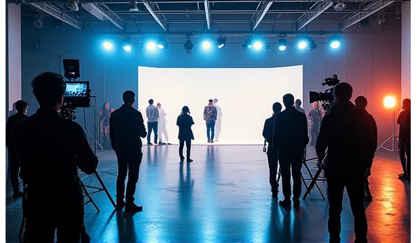 Scène de tournage multi-caméras en cours dans un studio moderne de geliosmakde